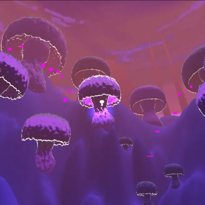 A pink and purple landscape with some mushrooms on it